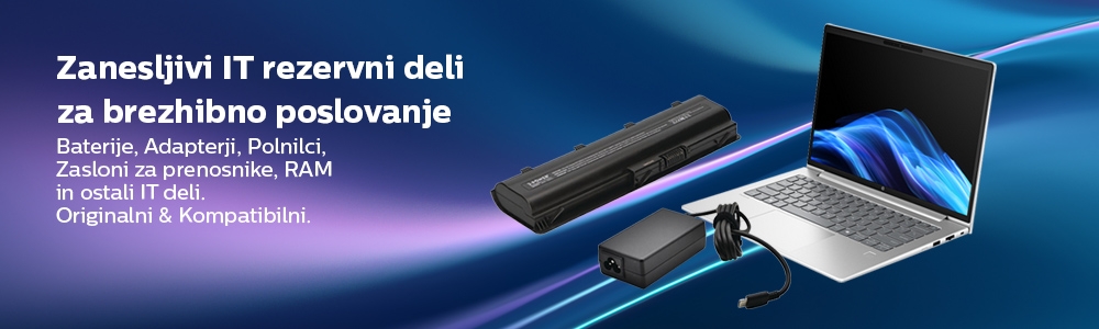 Baterije, adapterji, polnilci, zasloni za prenosnike, diski, rezervni deli in več
